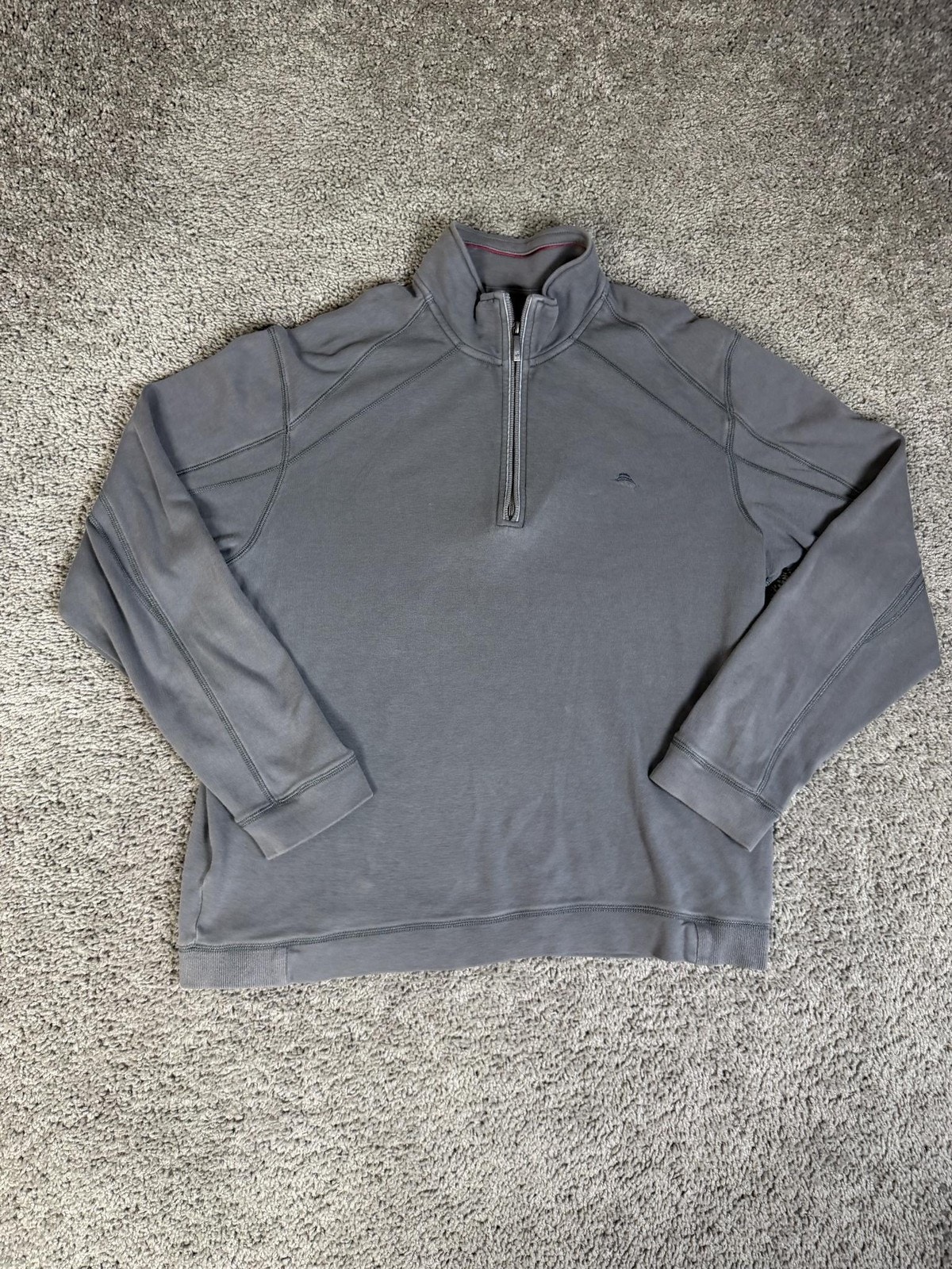 Tommy Bahama Sweater Mens L Gray Mock Neck 1/4 Zip Pima Cotton Pullover Logo